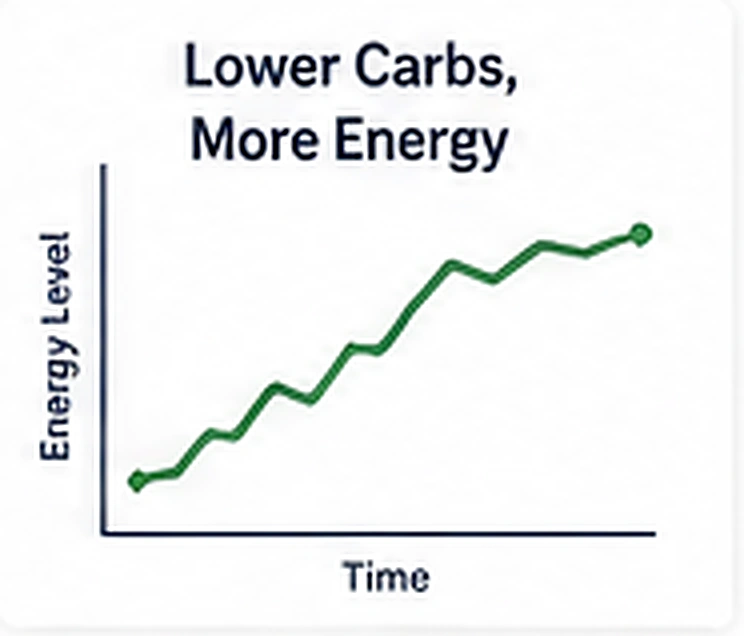 Illustrative line graph titled 'Lower Carbs, More Energy' showing an upward trend over time.