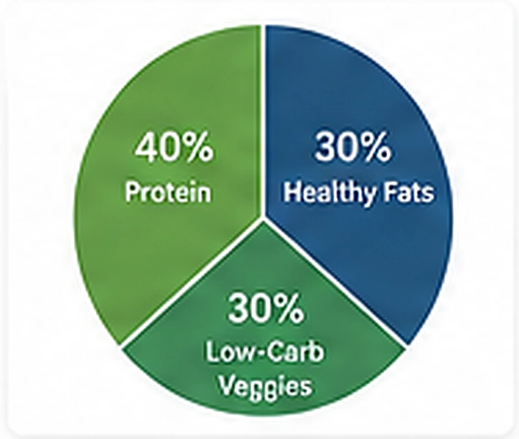 Pie chart showing one example meal breakdown: 40% protein, 30% healthy fats, 30% low-carb vegetables.