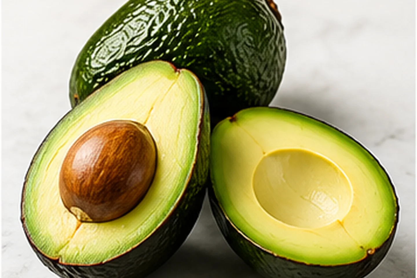 Sliced avocado halves on a kitchen counter.