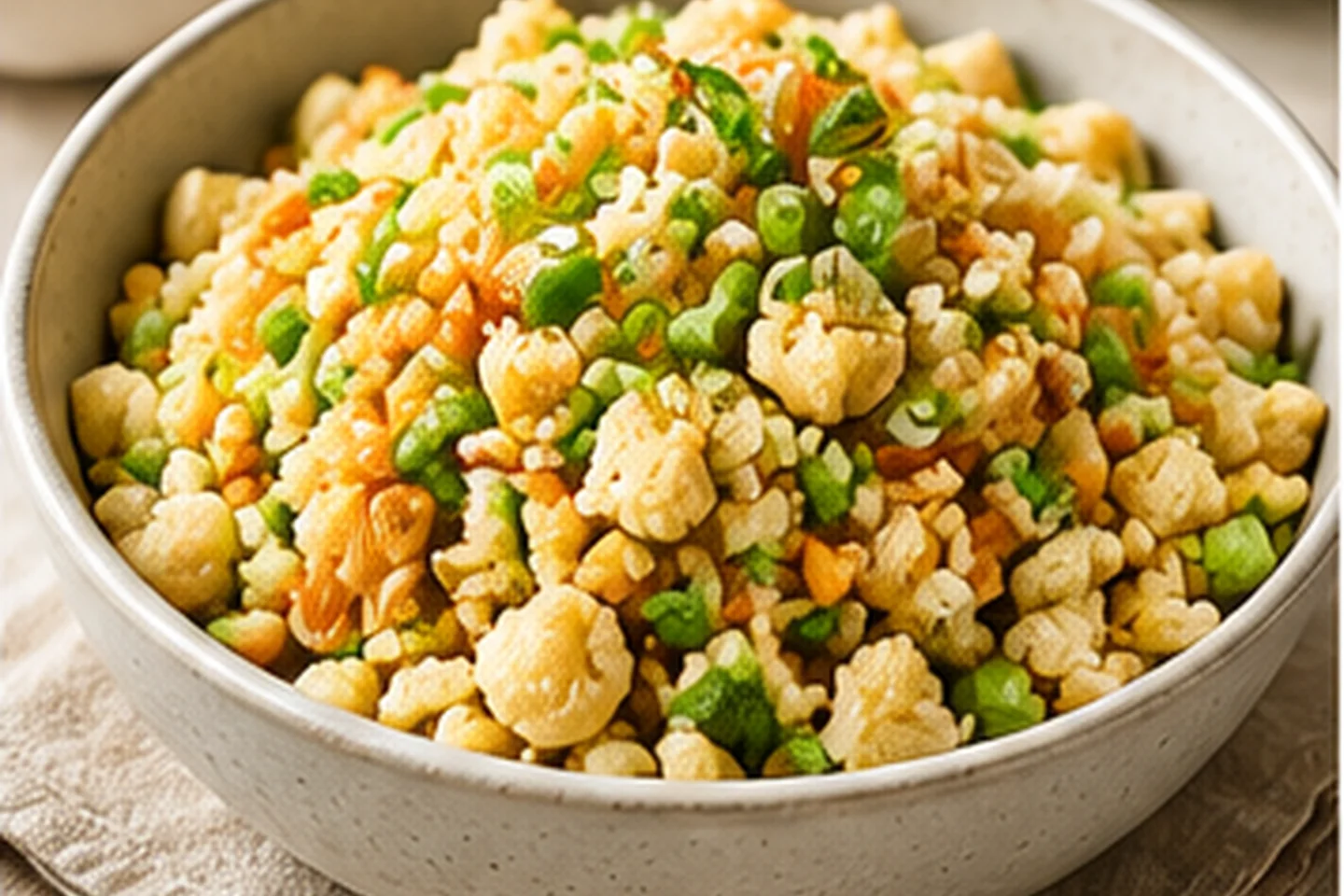 A bowl of cauliflower rice with mixed vegetables.