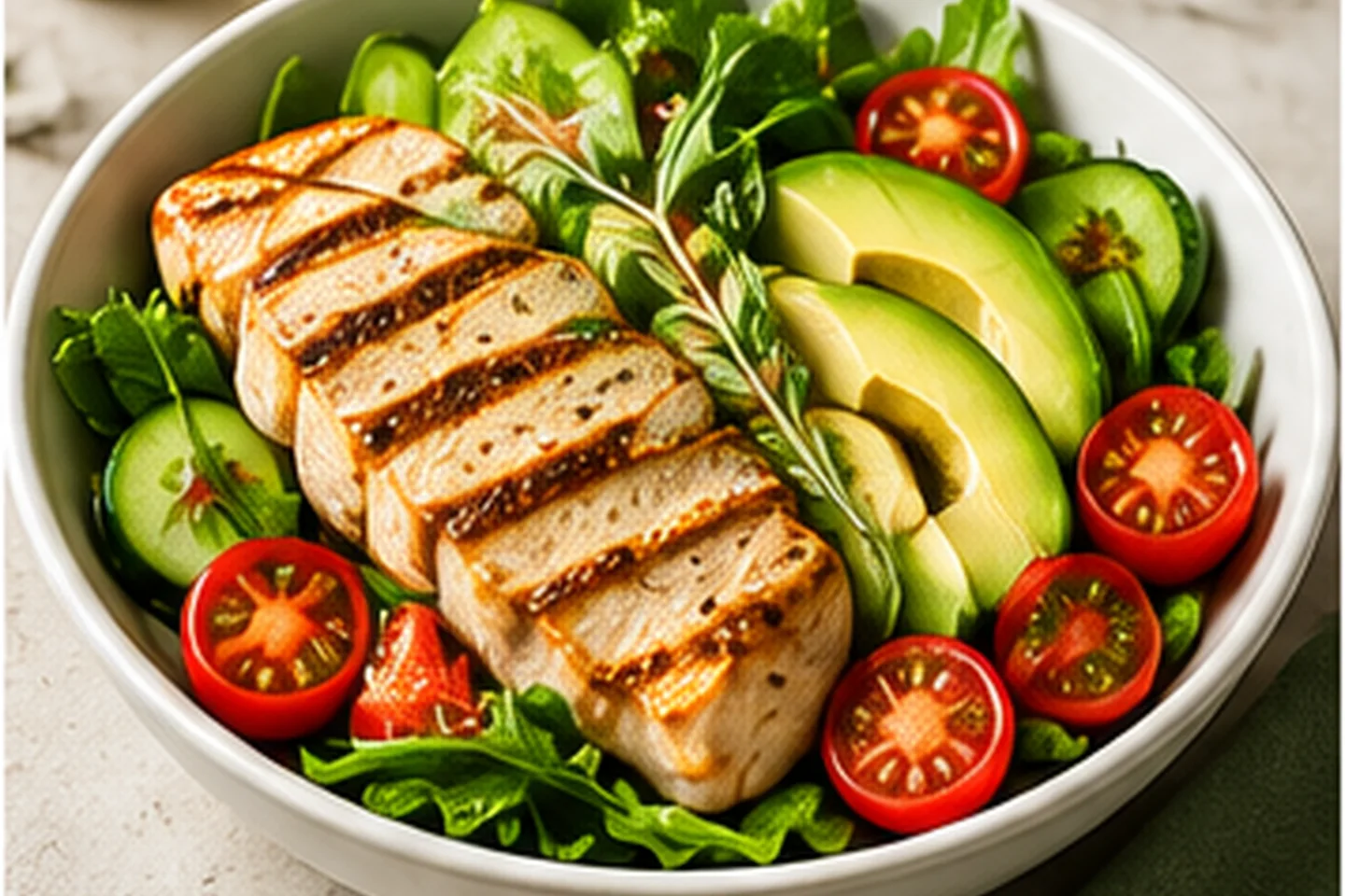 A simple bowl with grilled chicken, avocado, tomatoes, and leafy greens.
