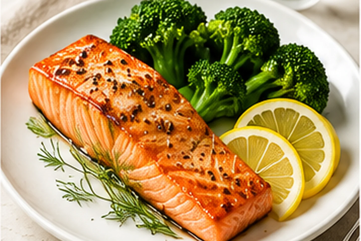 A plate of baked salmon with roasted broccoli and a lemon wedge.